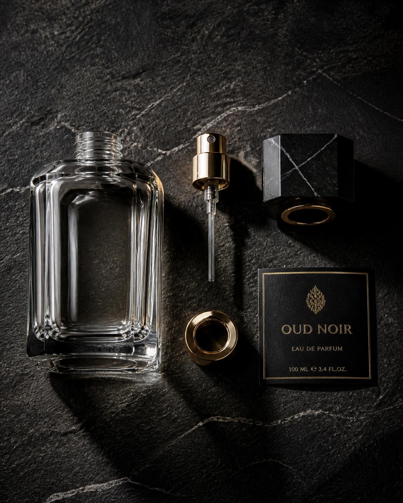 Perfume bottle separated into glass flacon, atomiser, collar, cap and label